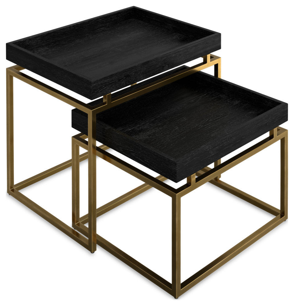 Macy Solid Mango Wood 2 Pc Nesting Table, Black, Gold
