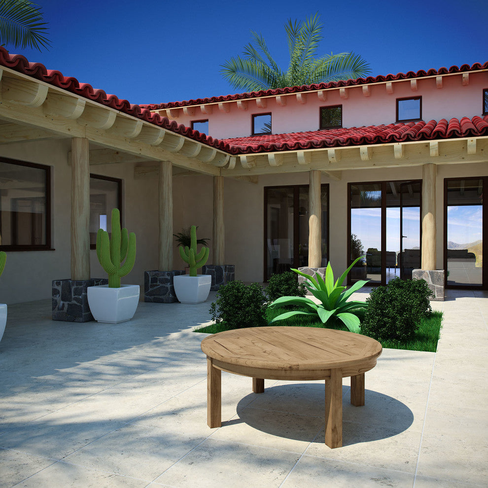 Modern Contemporary Outdoor Patio Teak Round Coffee Table, Natural Wood
