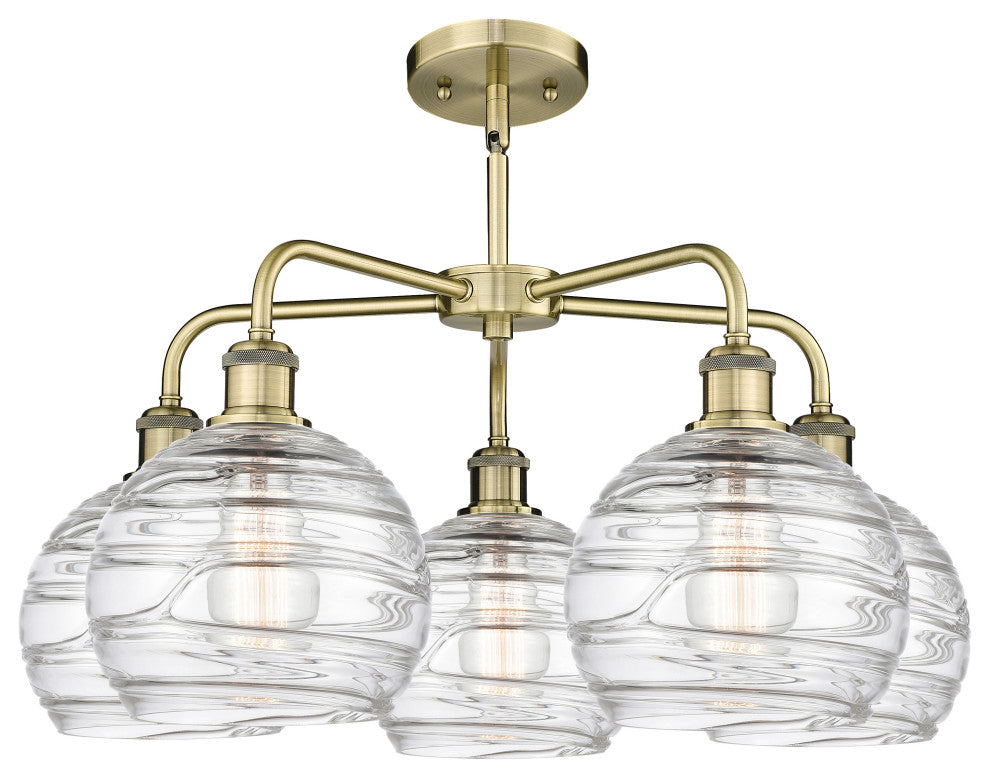Athens Deco Swirl 5-Light 26" Stem Chandelier, Antique Brass, Clear