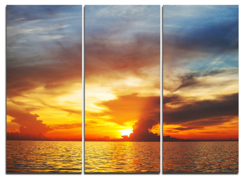 "Fiery Sky at Sunset Over Sea" Metal Wall Art, 3 Panels, 36"x28"