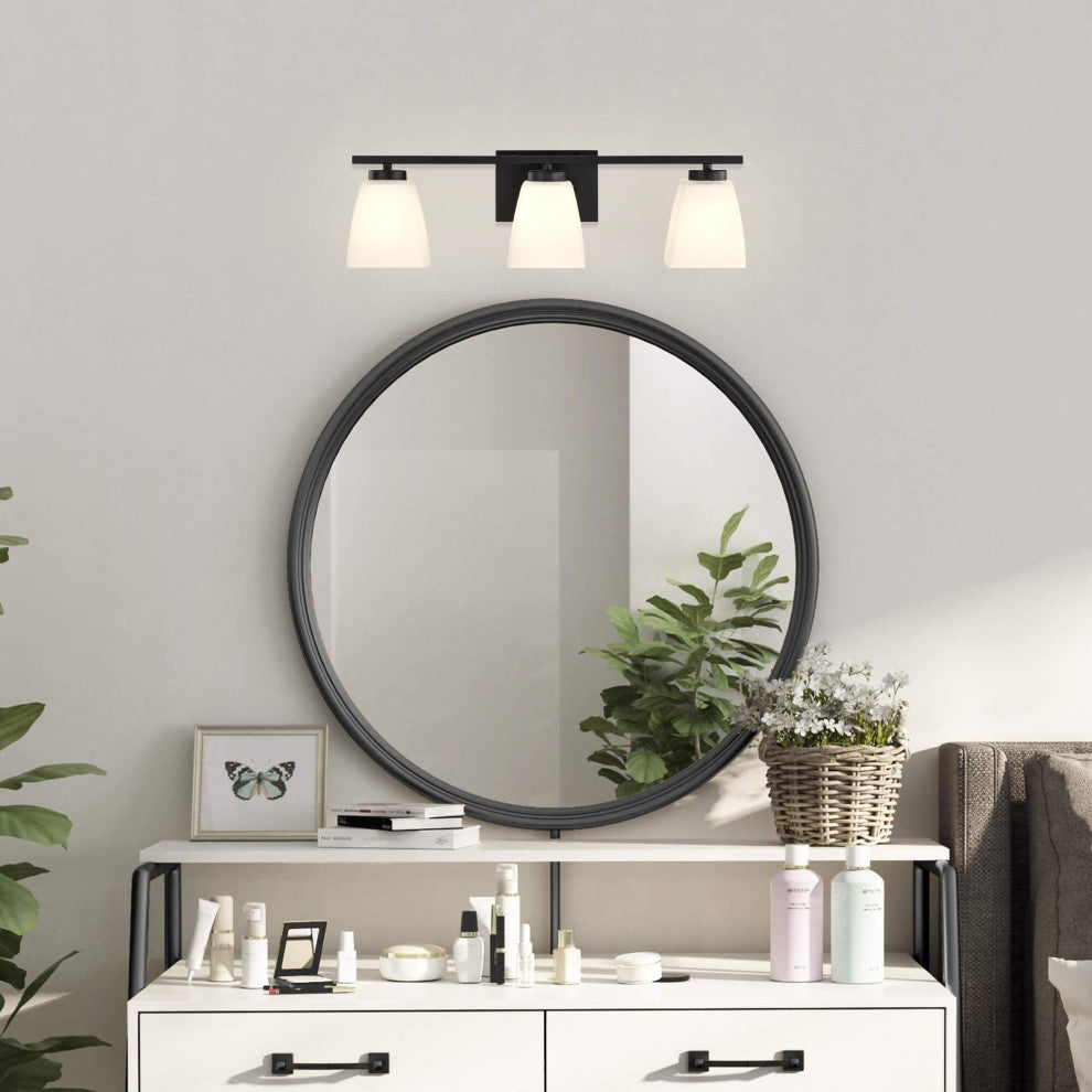 22 in. 3-Light Matte Black Vanity Light With Square Etched White Glass Shades