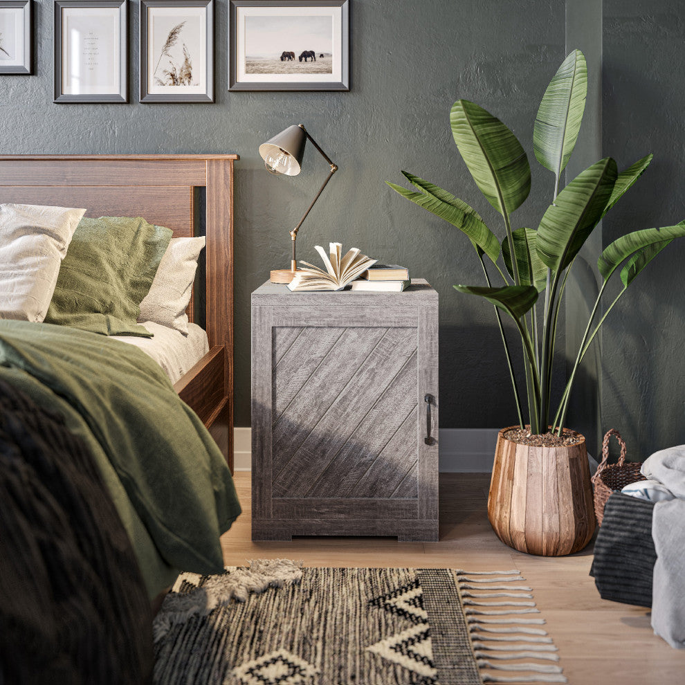 Modern Farmhouse End Table, Nightstand Or Cabinet With Front Door, Gray Wash