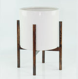 Ceramic Planter Large Cylinder Pot 13" White With Plant Stand Set Dark Walnut