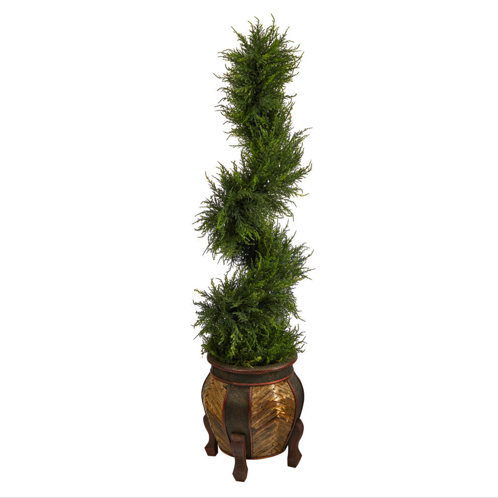 4.5' Spiral Cypress Faux Tree, Planter W/80 Clear LED Lights  Indoor/Outdoor