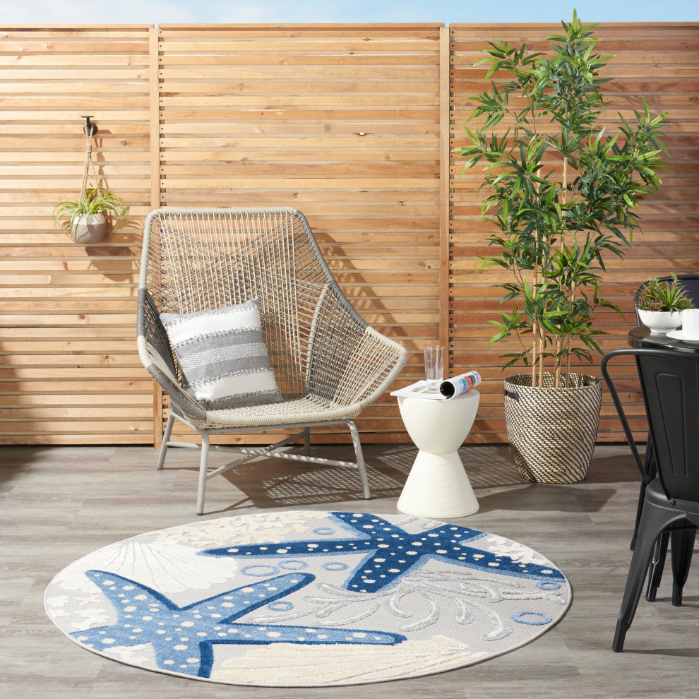 Nourison Aloha 4' x Round Blue/Grey Coastal, Nautical & Beach Area Rug