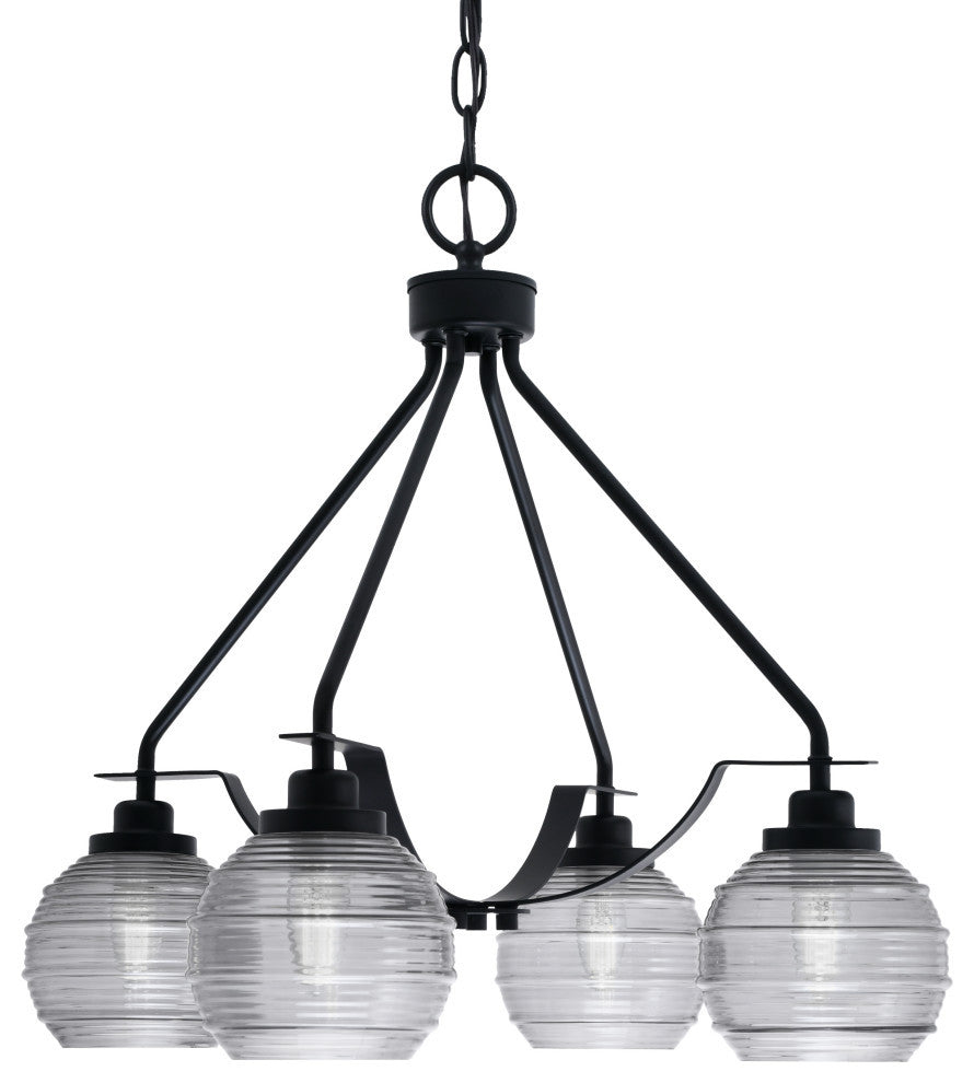 Odyssey 4 Light, Chandelier In Matte Black Finish With 6" Smoke Ribbed Glass