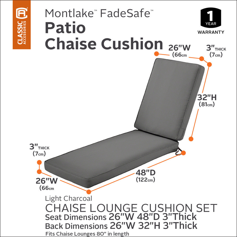 Patio Chaise Lounge Cushion, Light Charcoal Gray, 80"x26"x3"