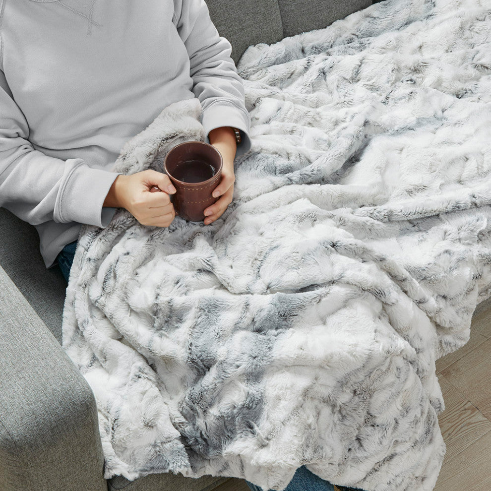 Madison Park Sachi Oversized Faux Fur Throw, Grey