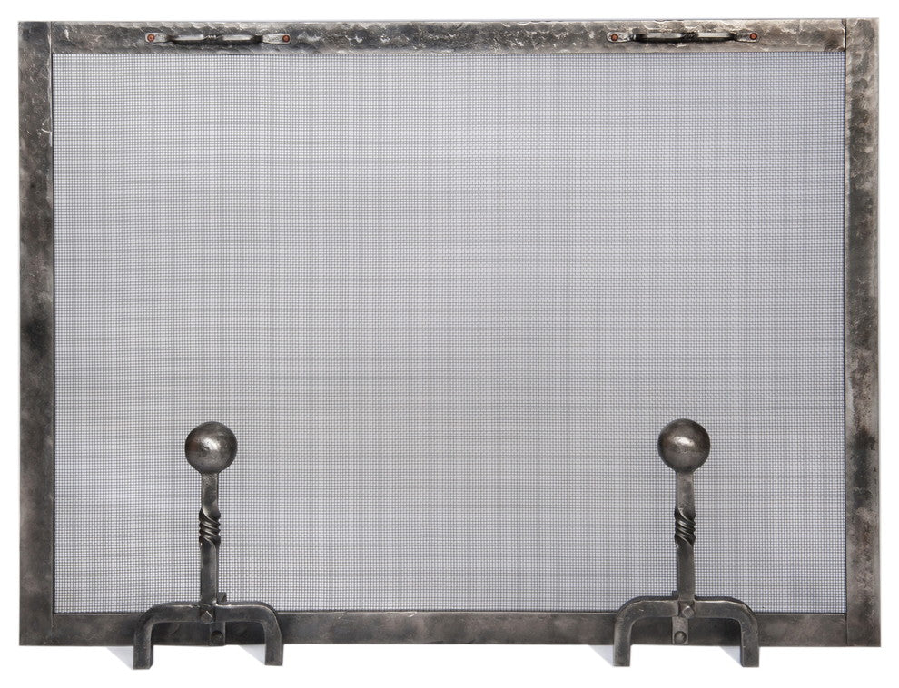 Forged Iron Fireplace Screen with Ball Andiron Feet, Small