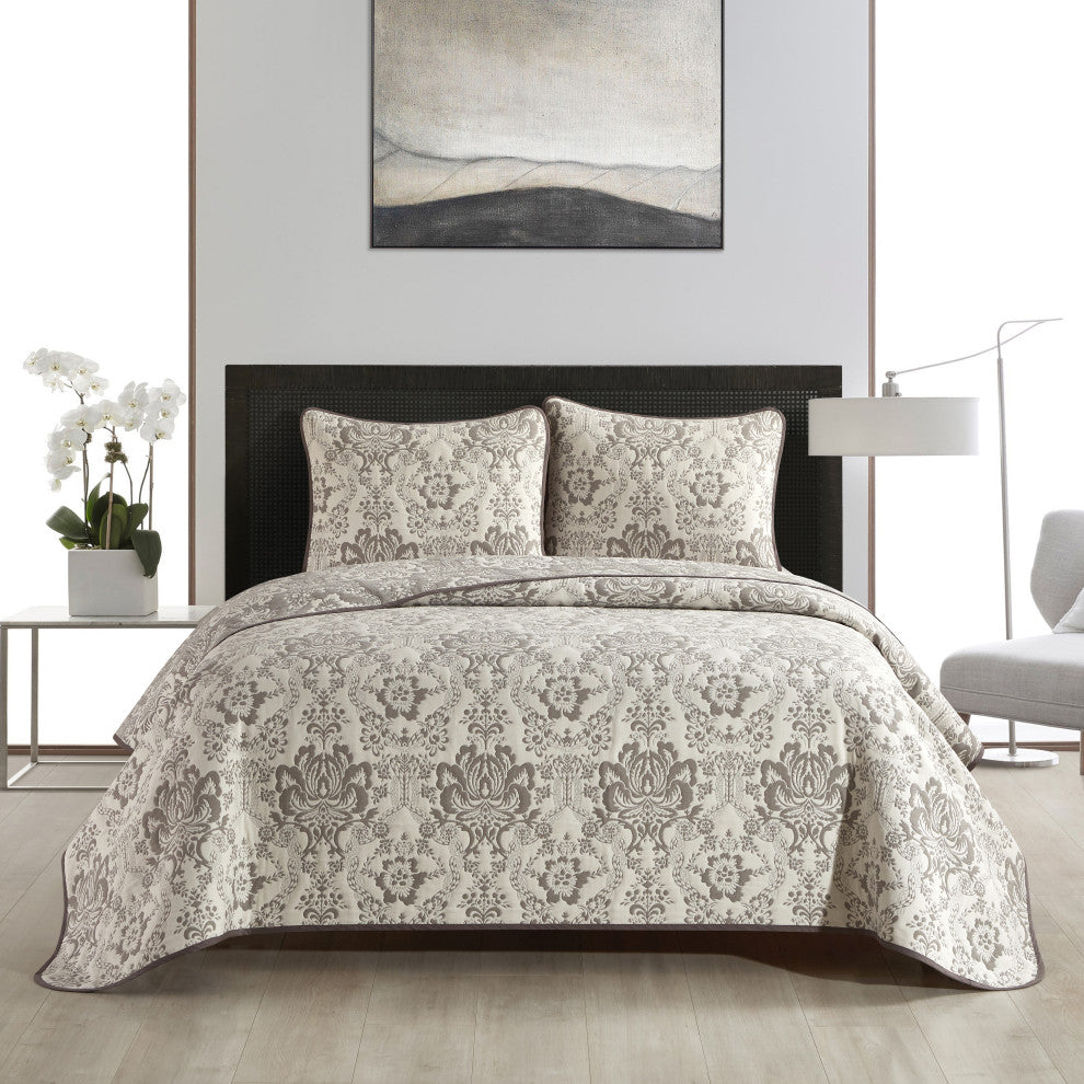 Tricia Damask 3 Piece Quilt Set, Taupe, Queen
