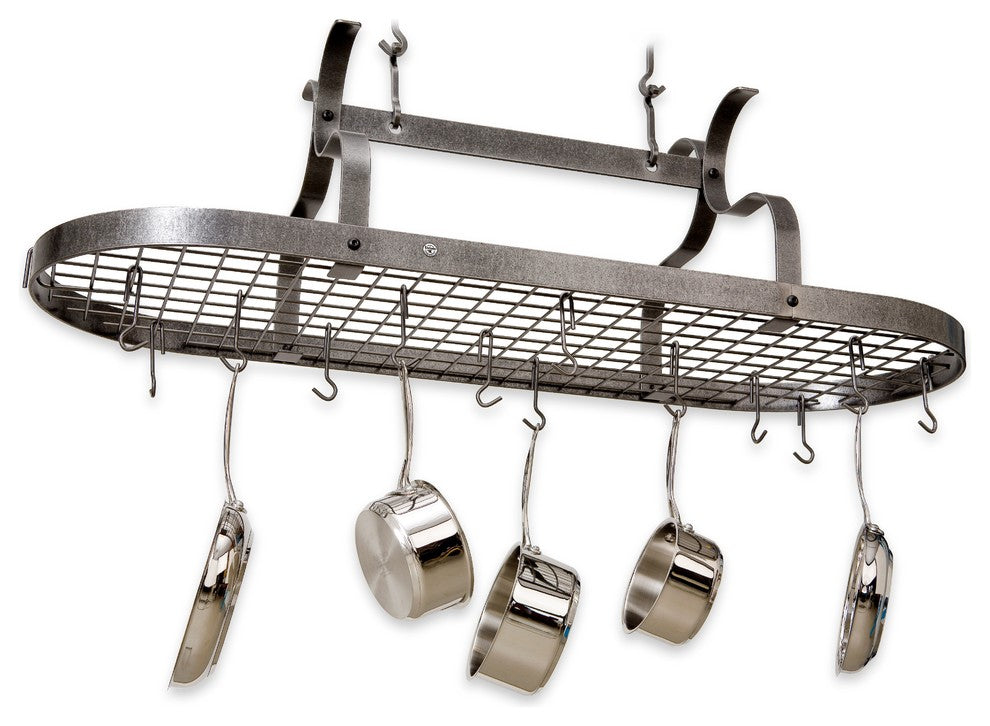 Handcrafted Scroll Arm Oval Ceiling Pot Rack w 24 Hooks Hammered Steel