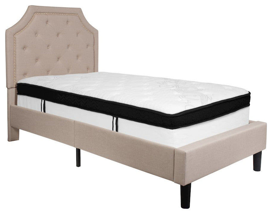 Twin Size Tufted Platform Bed in Beige Fabric with Memory Foam Mattress