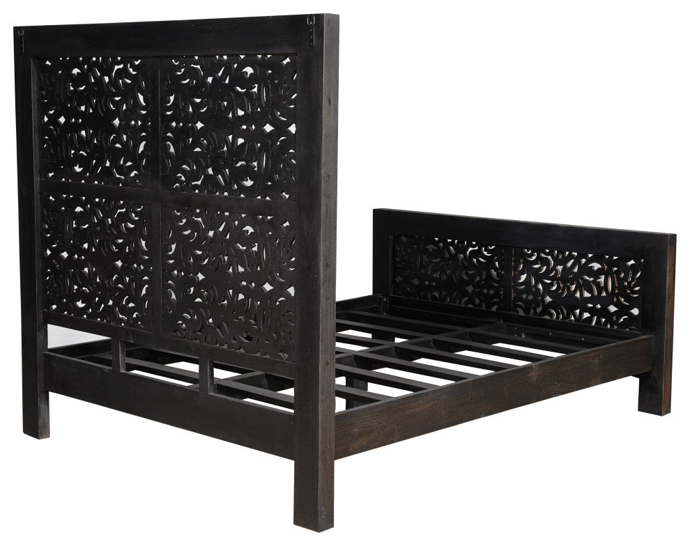 Abigail Floral Carved Solid Wood Queen Panel Bed, Black, Queen