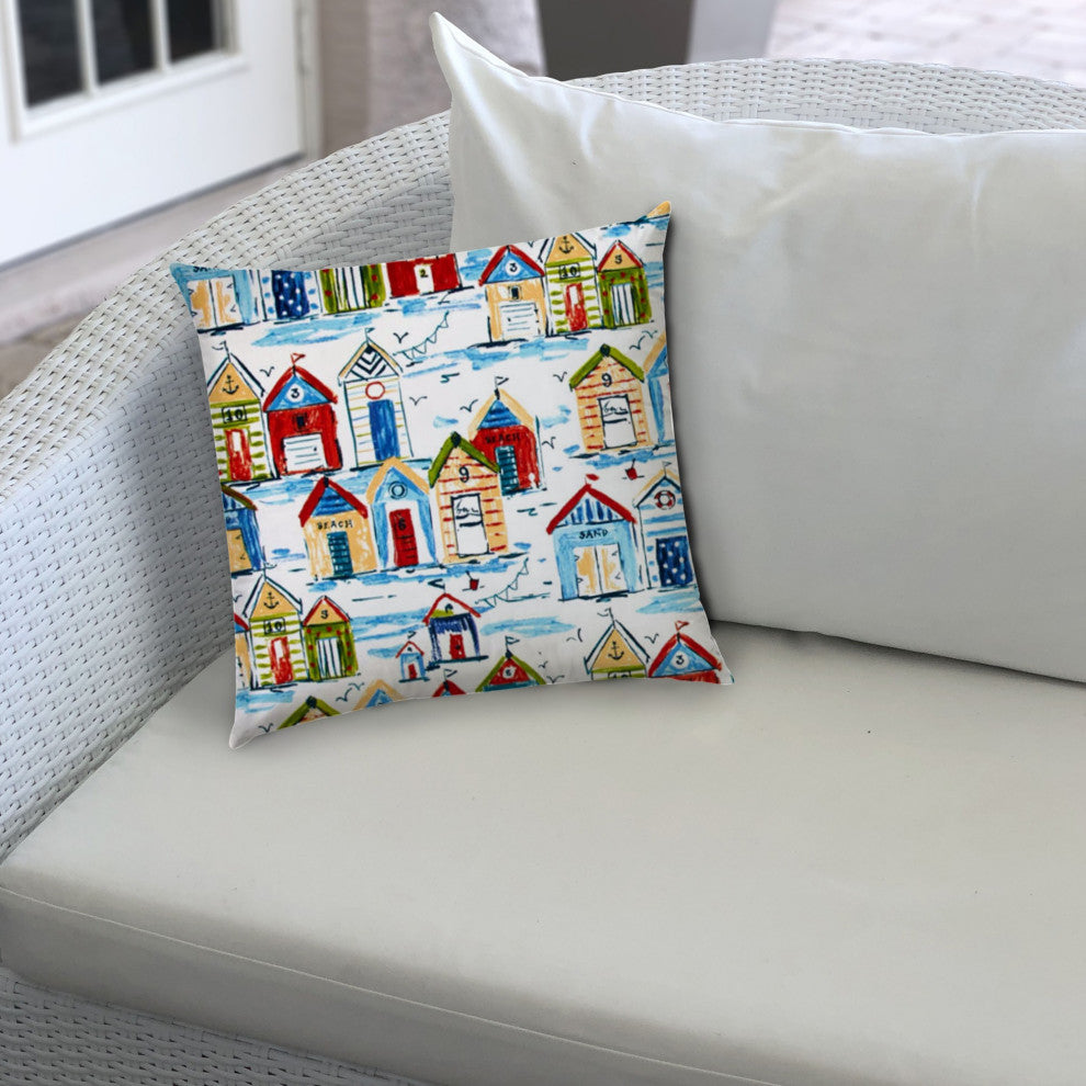 20" Blue Beach House Indoor Outdoor Zippered Pillow