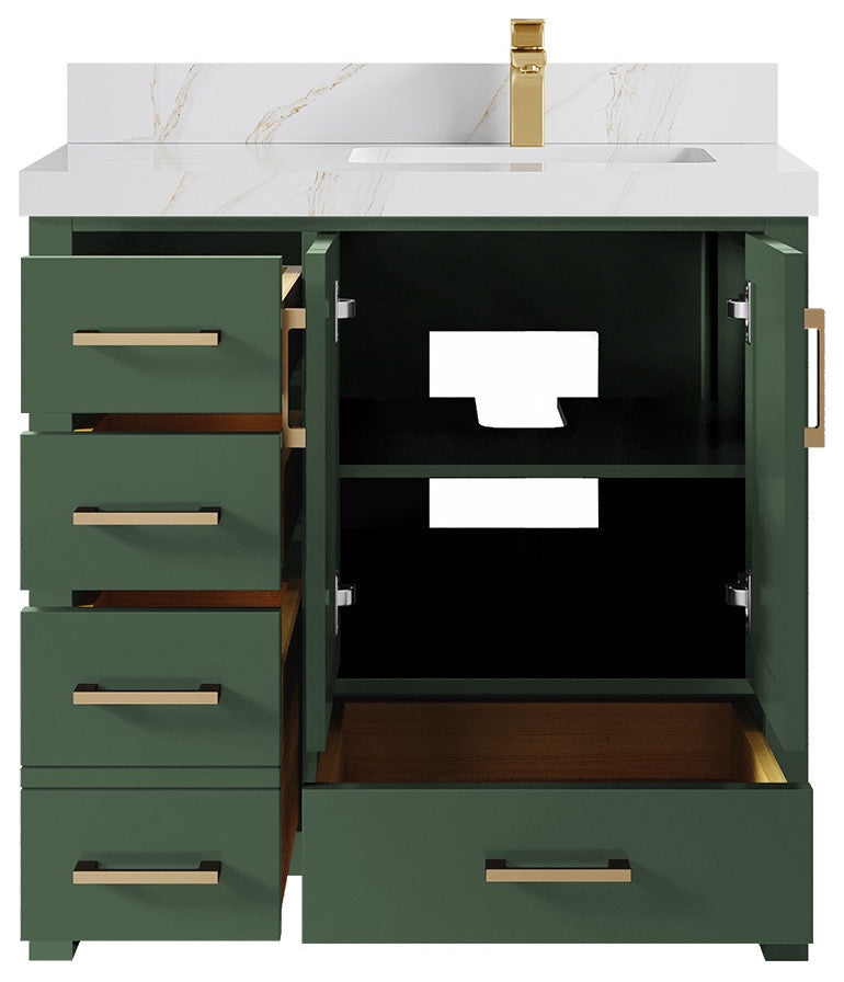 Malibu 36 Right Offset Bath Vanity in Lafayette Green 2" Calacatta Sienna