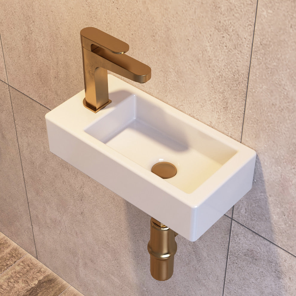Ceramic Wall Mount Bathroom Sink Small Bathroom White Rectangular Wash Basin