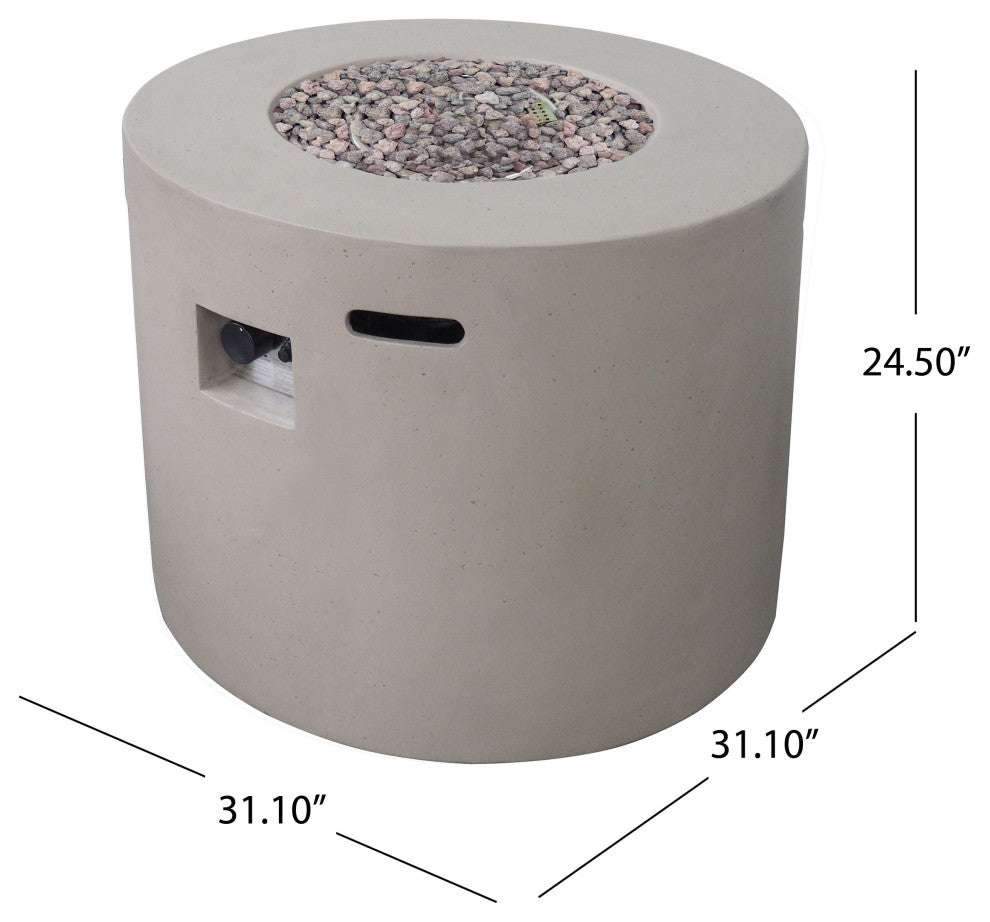 GDF Studio Leo Outdoor 31" Round Light Weight Concrete Gas Burning Fire Pit, Light Gray