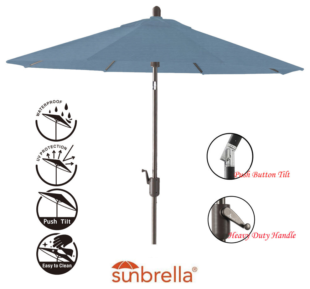 9' Round Push Tilt Market Umbrella, Antique Bronze Frame, Sapphire Blue