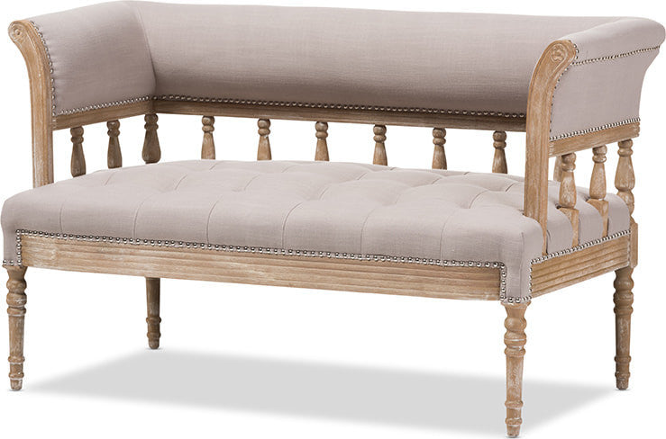 Nora Swedish Gustavian Style Distressed Oak Wood Linen Upholstered Sofa Settee