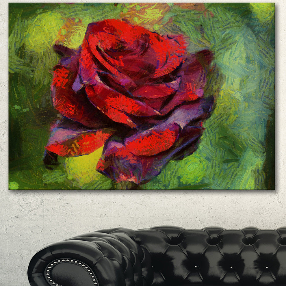 Red Rose Illustration on Green, Floral Canvas Art Print, 40"x30"