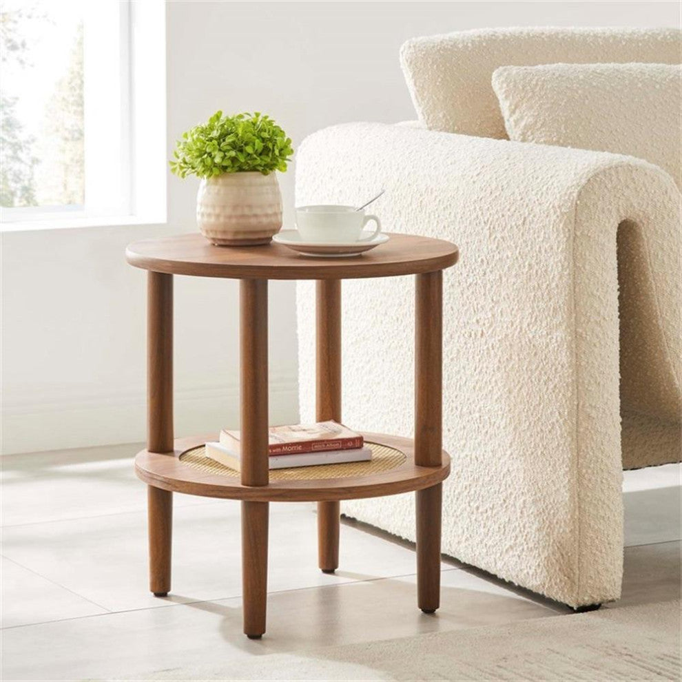 Modway Torus Round Wood Side Table with Lower Rattan Shelf in Walnut