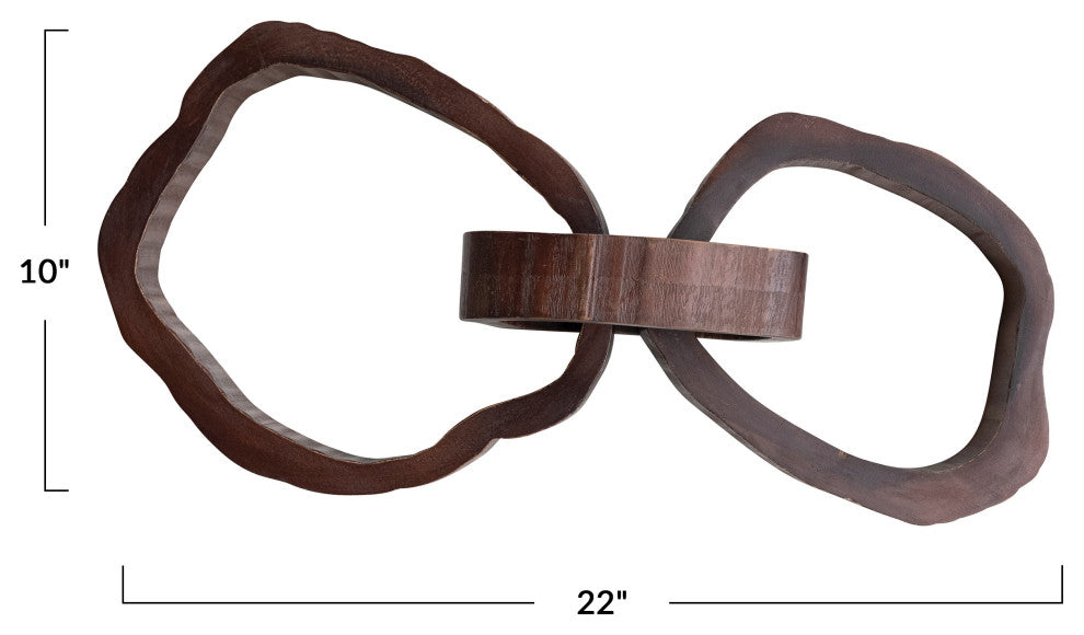 22 Inches Oversized Acacia Wood Chain Decor With 3 Links, Walnut Finish