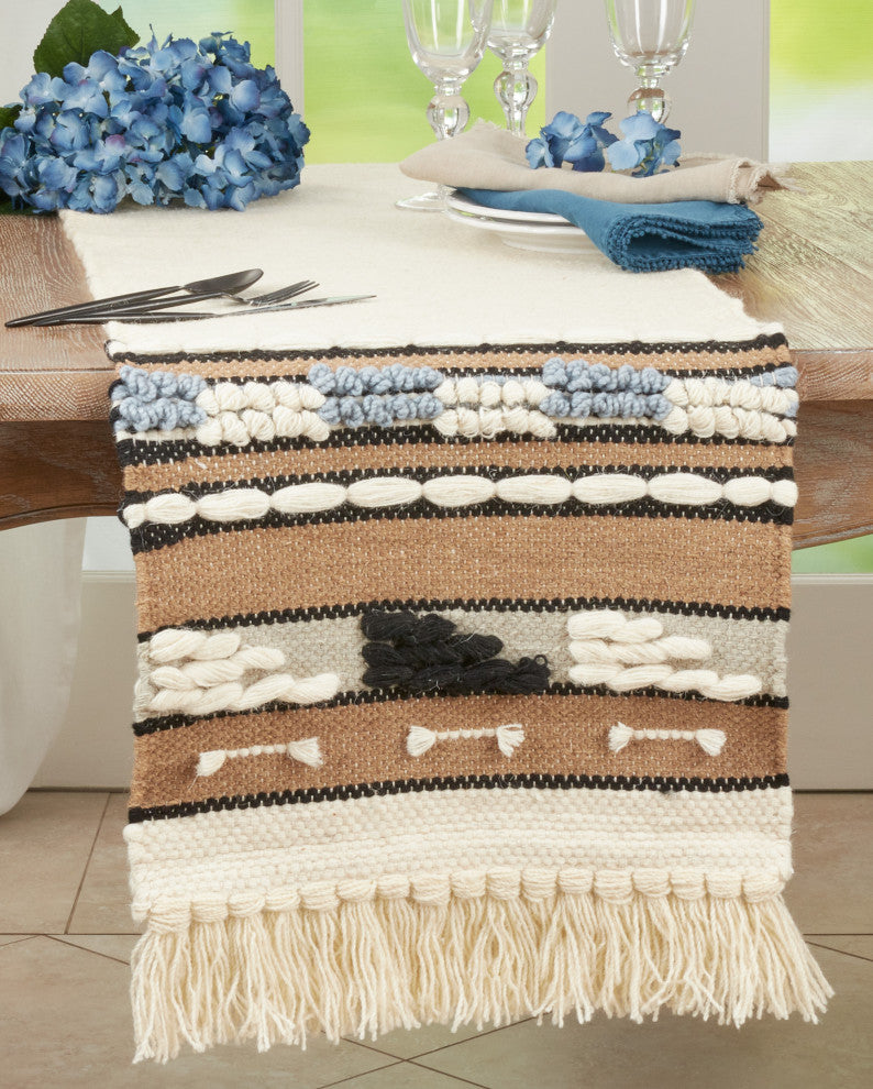 Textured Table Runner With Boho Design, Natural, 16"x72"
