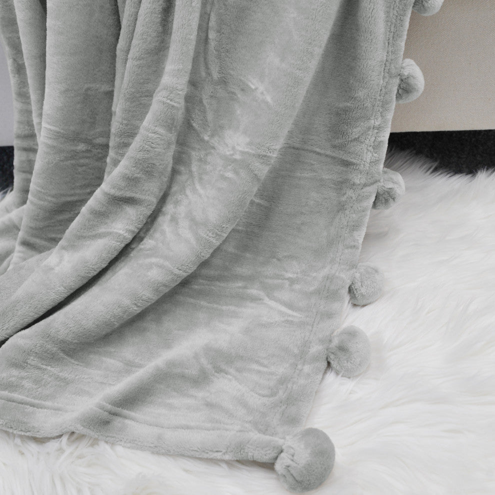 Pom Pom Flannel Fleece Throw Blanket, Silver Grey, 50" X 60"