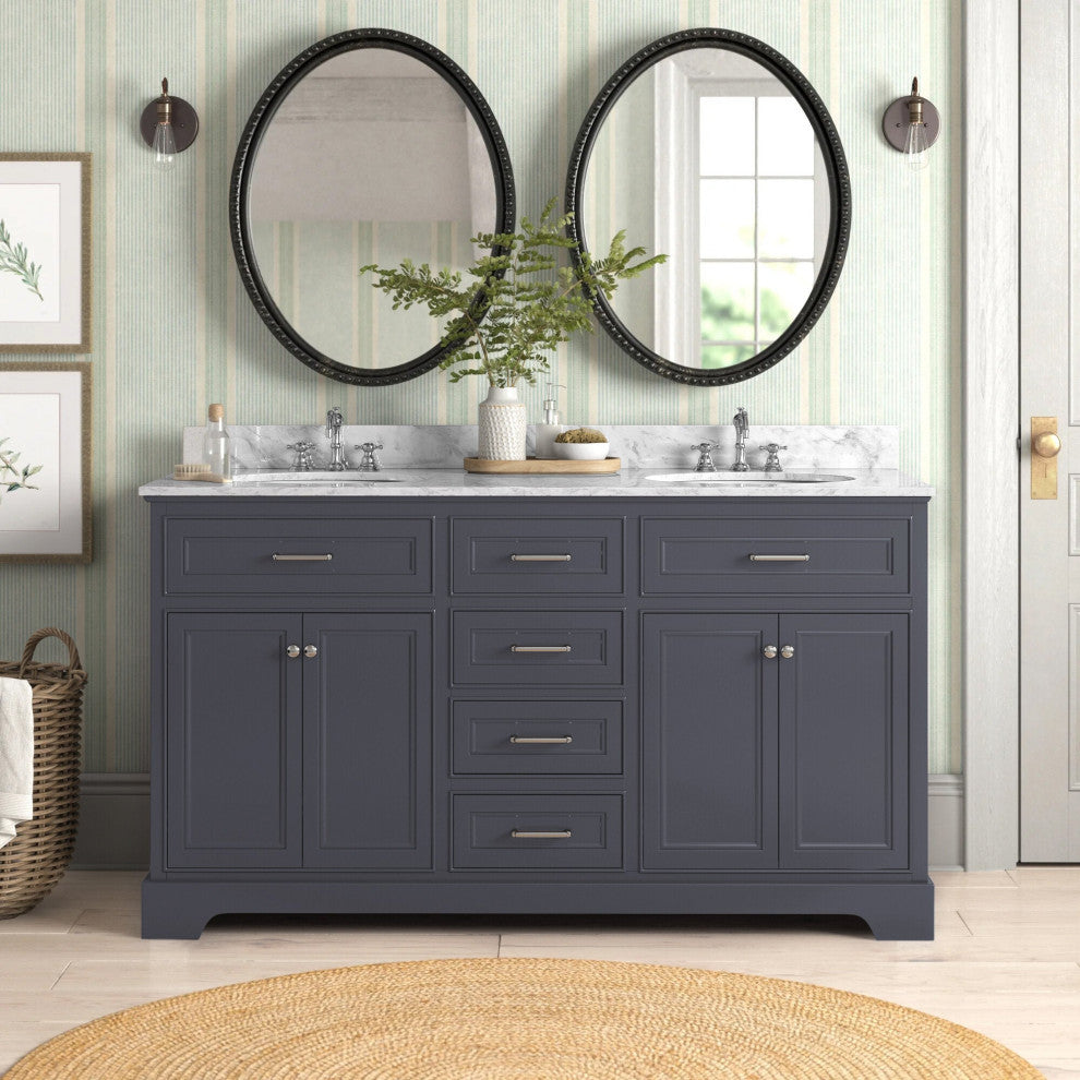 Aria 60" Bathroom Vanity, Marine Gray, Carrara Marble, Double Vanity