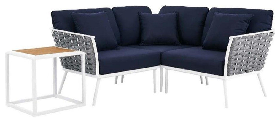 4 Piece Patio Aluminum Outdoor Patio Aluminum Sectional Sofa Set, White Navy