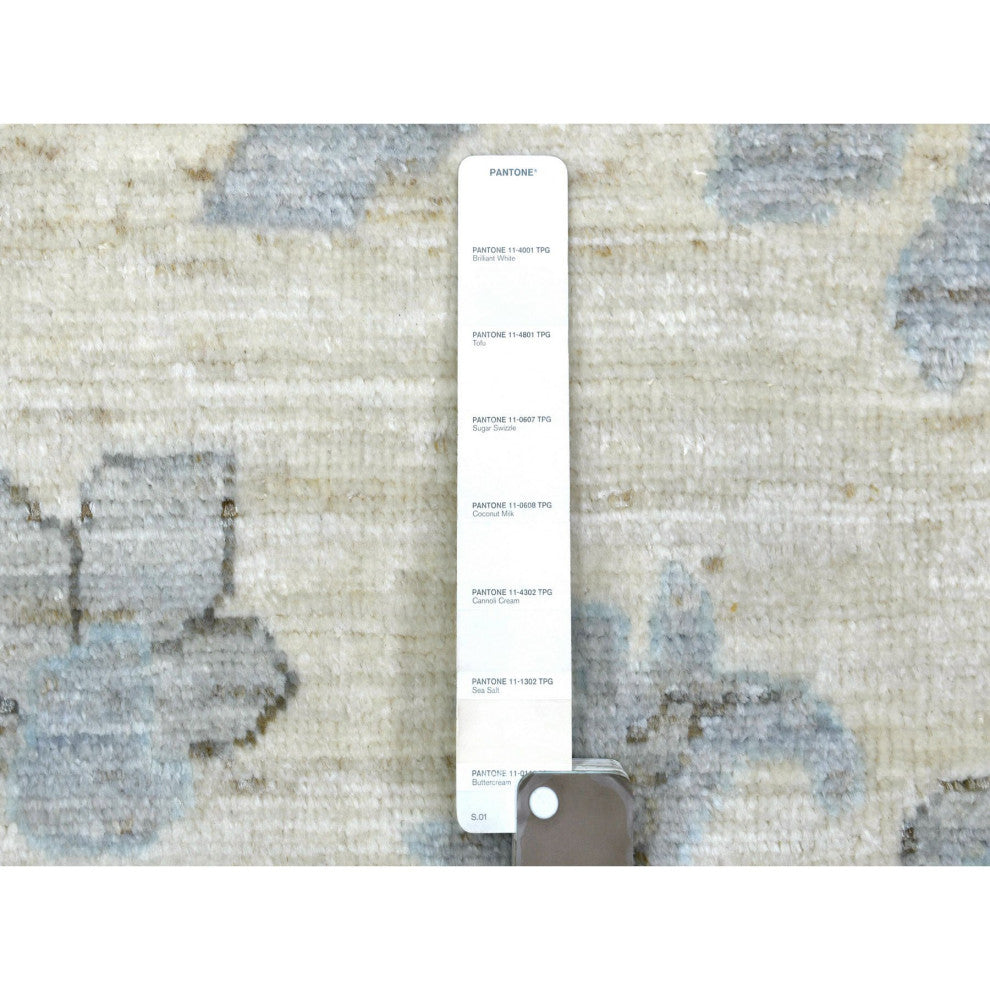 Ivory Hand Knotted Afghan Angora Oushak With Leaf Design Soft Wool Rug, 8'x9'9"