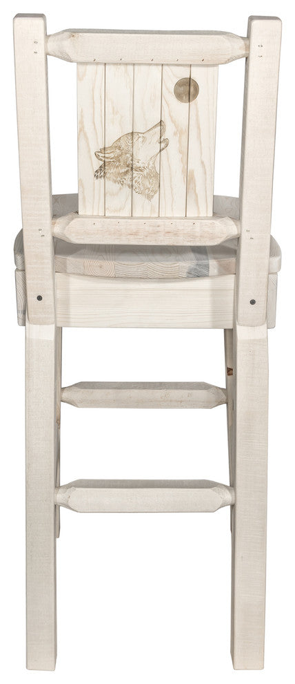 Homestead Barstool With Back, With Laser Engraved Wolf, Clear Lacquer Finish, Re