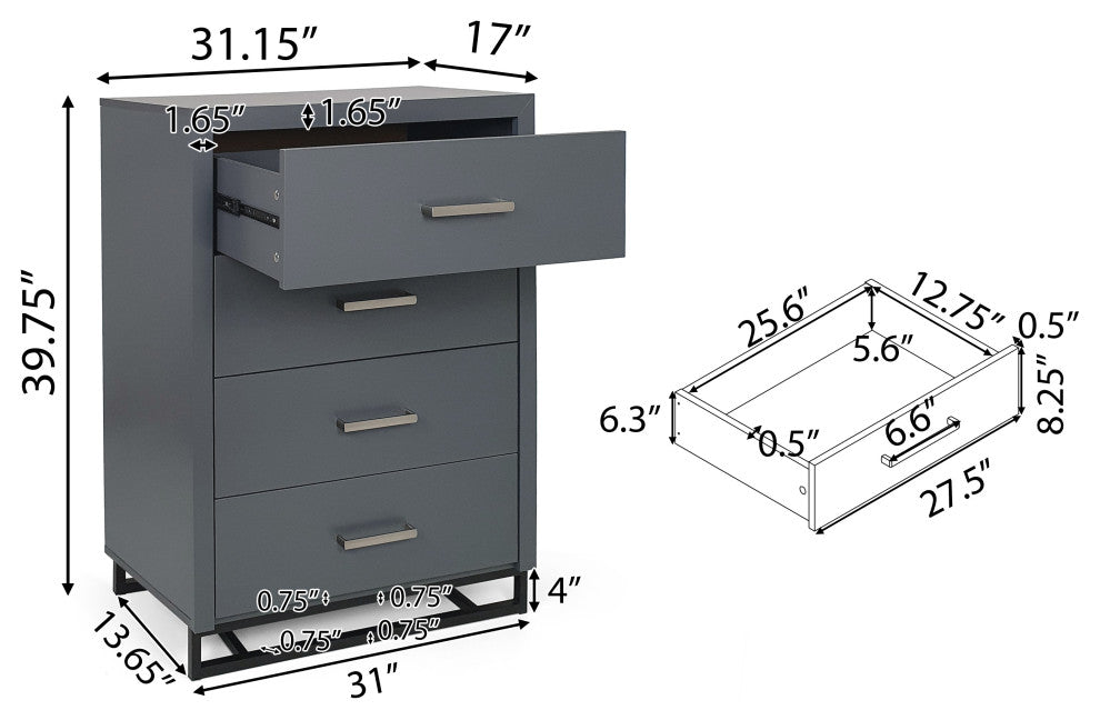 GDF Studio Modern 4-Drawer Wood Dresser With Iron Base, Charcoal Gray/Black