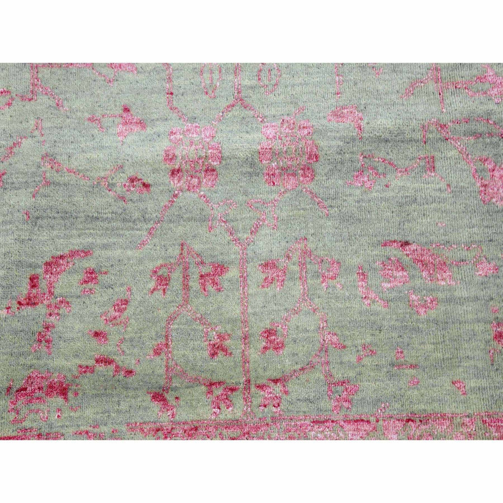 Sage Gray Broken Erased Persian Design Wool and Silk Hand Knotted Rug, 9'x11'10"