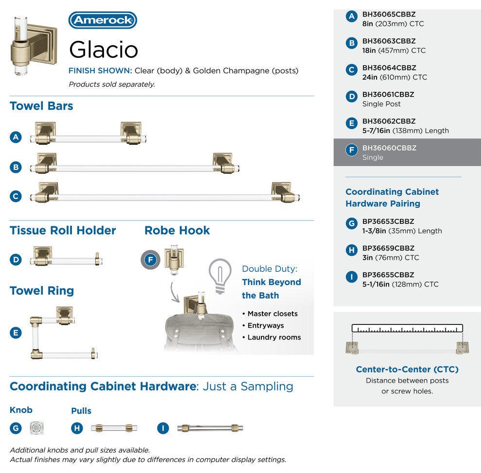 Glacio Contemporary Single Robe Hook, Clear/Golden Champagne