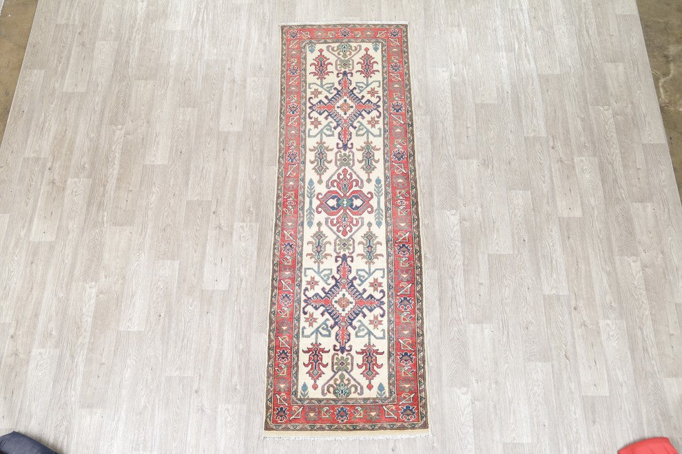 Hand Made Pakistani Oriental Runner Wool Traditional Kazak Rug, Beige, 8'5"X2'9"