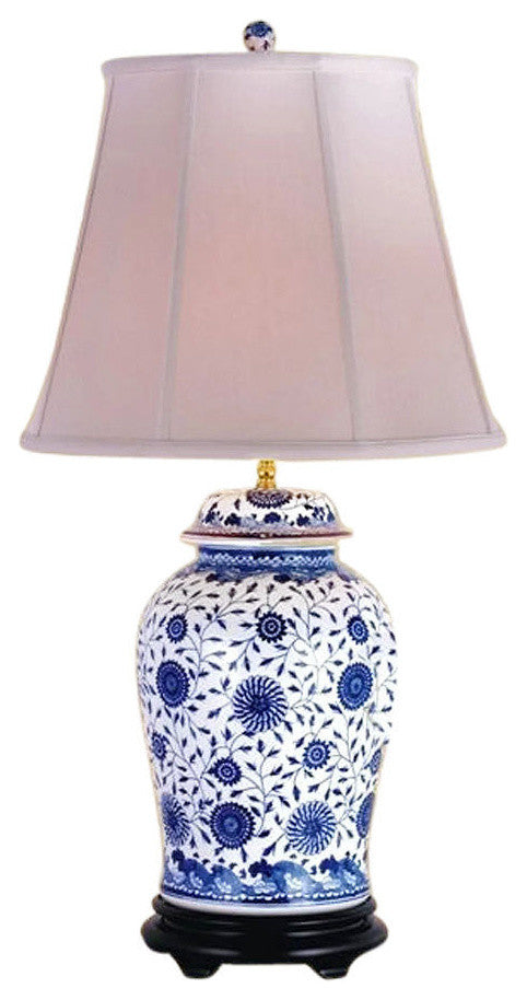 Chinese Blue and White Porcelain Temple Jar Floral Vine Motif Table Lamp 33"