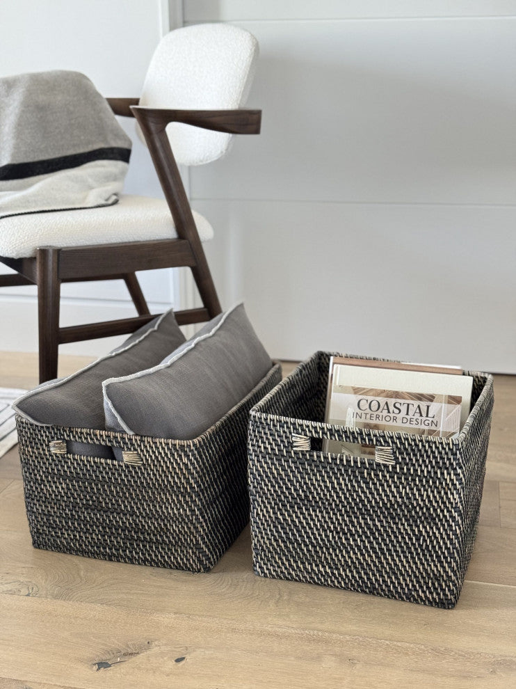 Loma Rectangular Decorative Rattan Storage Basket With Handles, Black Wash
