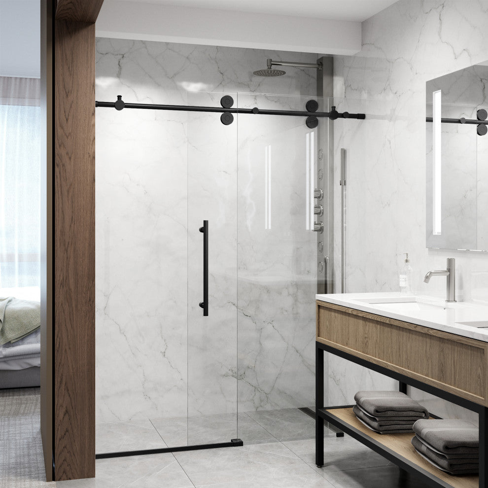 VIGO Elan 56" to 60" W x 74" H Frameless Sliding Shower Door, Matte Black, Laminated Glass