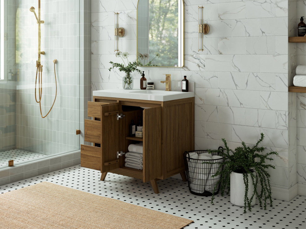 Madison Teak 36 Right Offset Bath Vanity in Dark Natural 2" Calacatta Nuvo