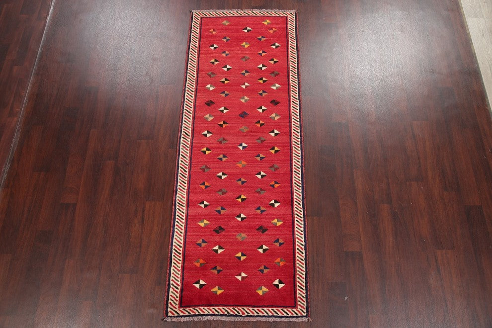 Consigned, Persian Gabbeh Wool Hand-Knotted Oriental Runner Rug, Red, 8'5"X3'2"