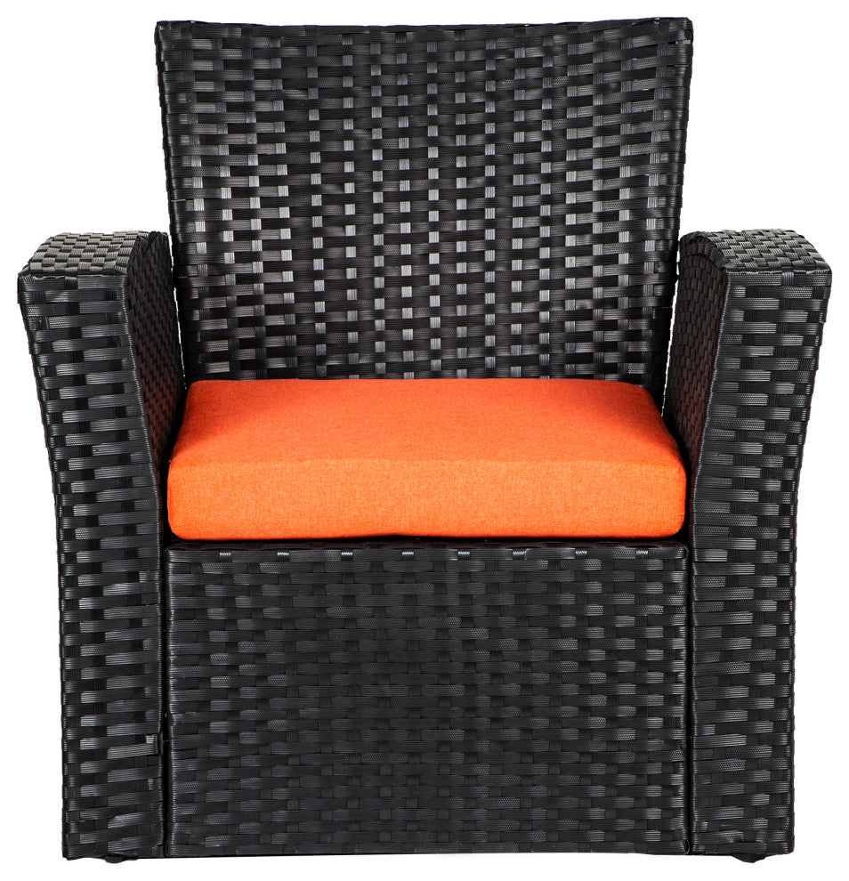 WestinTrends 5PC Outdoor Patio Wicker Conversation Set w/ Square Fire Pit, Black/Orange