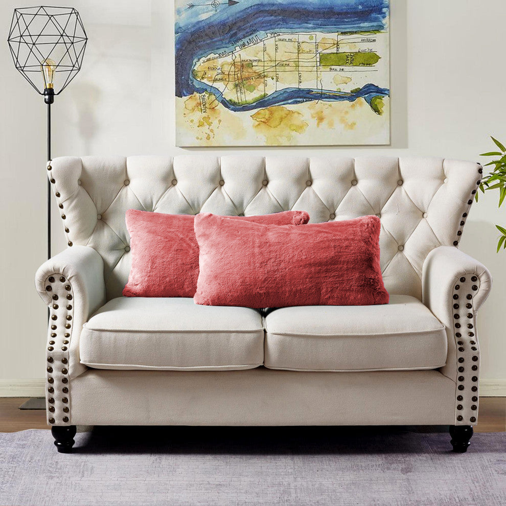 Heavy Faux Fur Throw Pillow Covers 2pcs Set, Coral Spice, 14''x26''