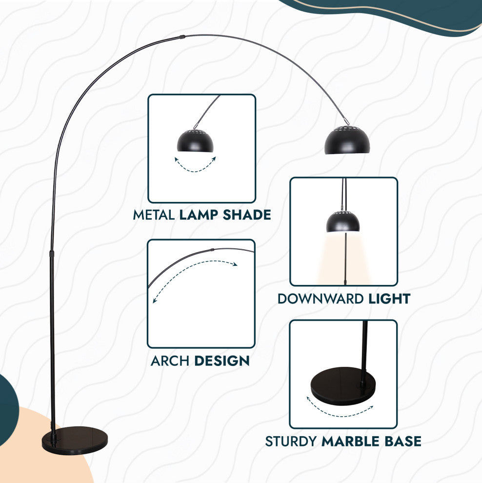 Leisuremod Arco Floor Lamp With Black Marble Base and Metal Lamp Shade, Black