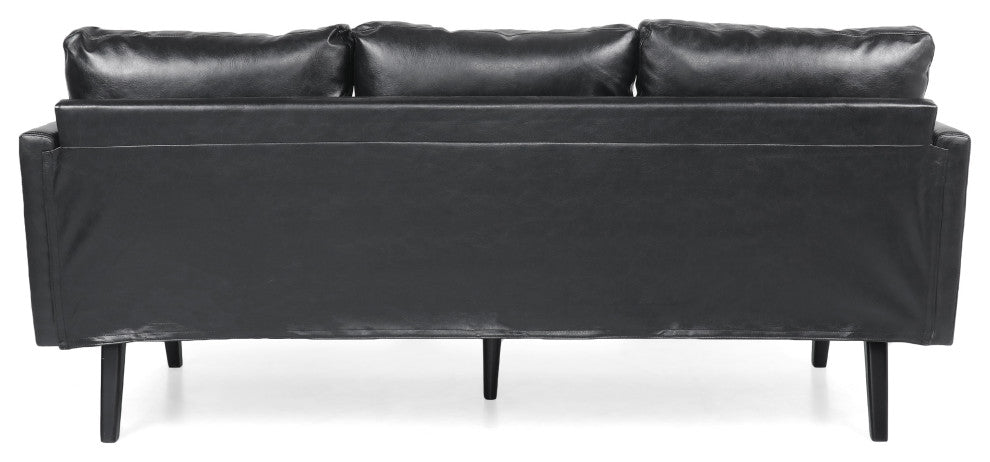 Dowd Mid Century Modern Faux Leather 3 Seater Sofa, Midnight Black/Dark Brown