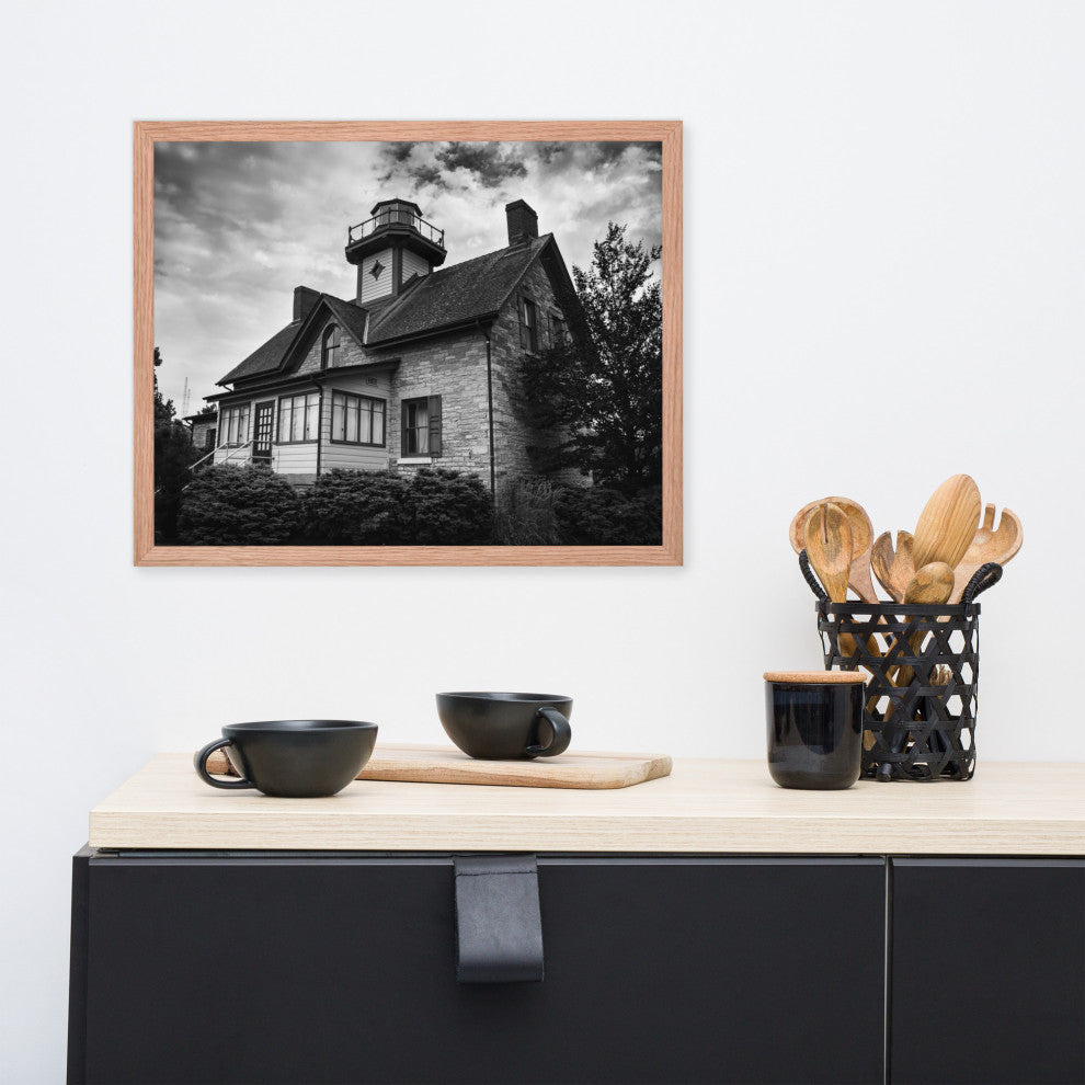 Cedar Point Lighthouse in Black and White Framed Photo Paper Wall Art Prints, Red Oak, 16" X 20"