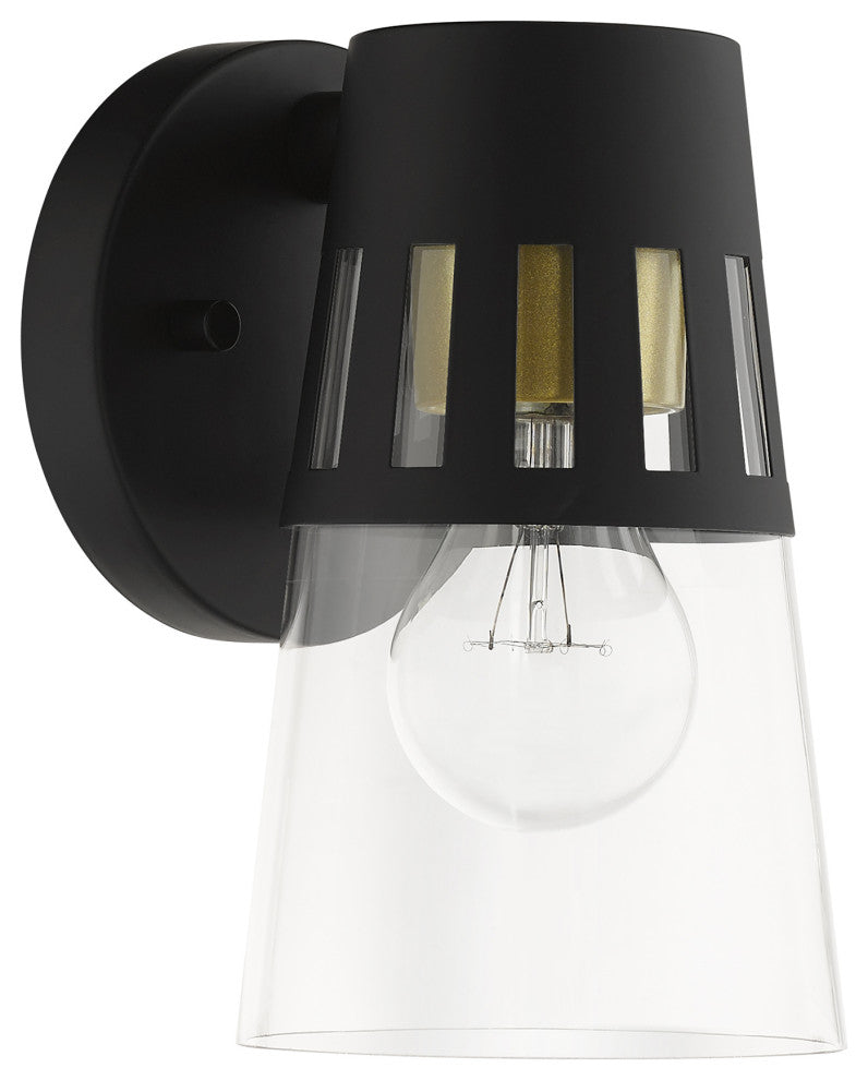 Covington 1-Light Black Outdoor Small Wall Lantern, Soft Gold Accents