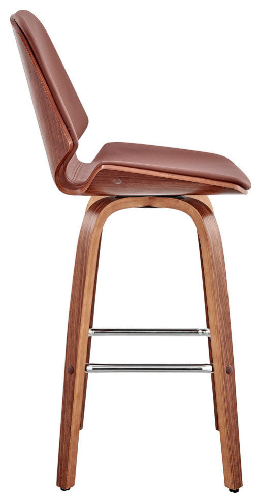 Arabela Faux Leather and Wood Swivel Bar Stool, Brown and Walnut