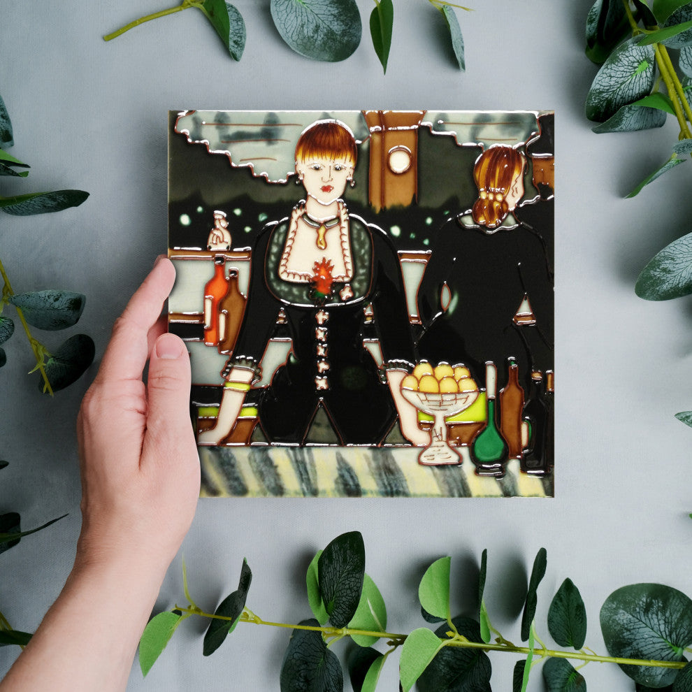 8x8" Girl Behind The Bar Art Tile Hand Painted Trivet Hot Plate Wall Decor