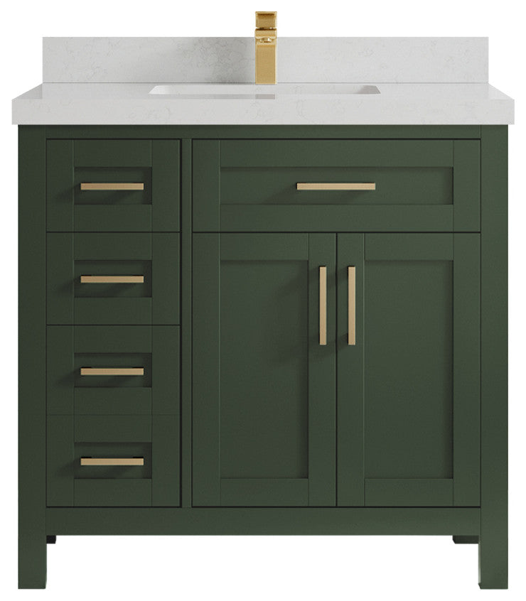 Cambridge 36 Center Sink Bath Vanity in Pewter Green 2" Carrara Quartz